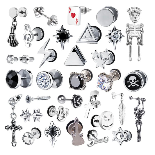 Punk Stainless Surgical Steel Stud Earrings – Small Gothic Geometry Skeleton Design for Women and Men, Rock Zircon Hip Hop Jewelry