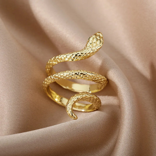 Punk Hip Hop Snake Rings - Open Adjustable Gold-Plated Ring for Women and Men, Stainless Steel with Zircon Accent, Aesthetic Jewelry