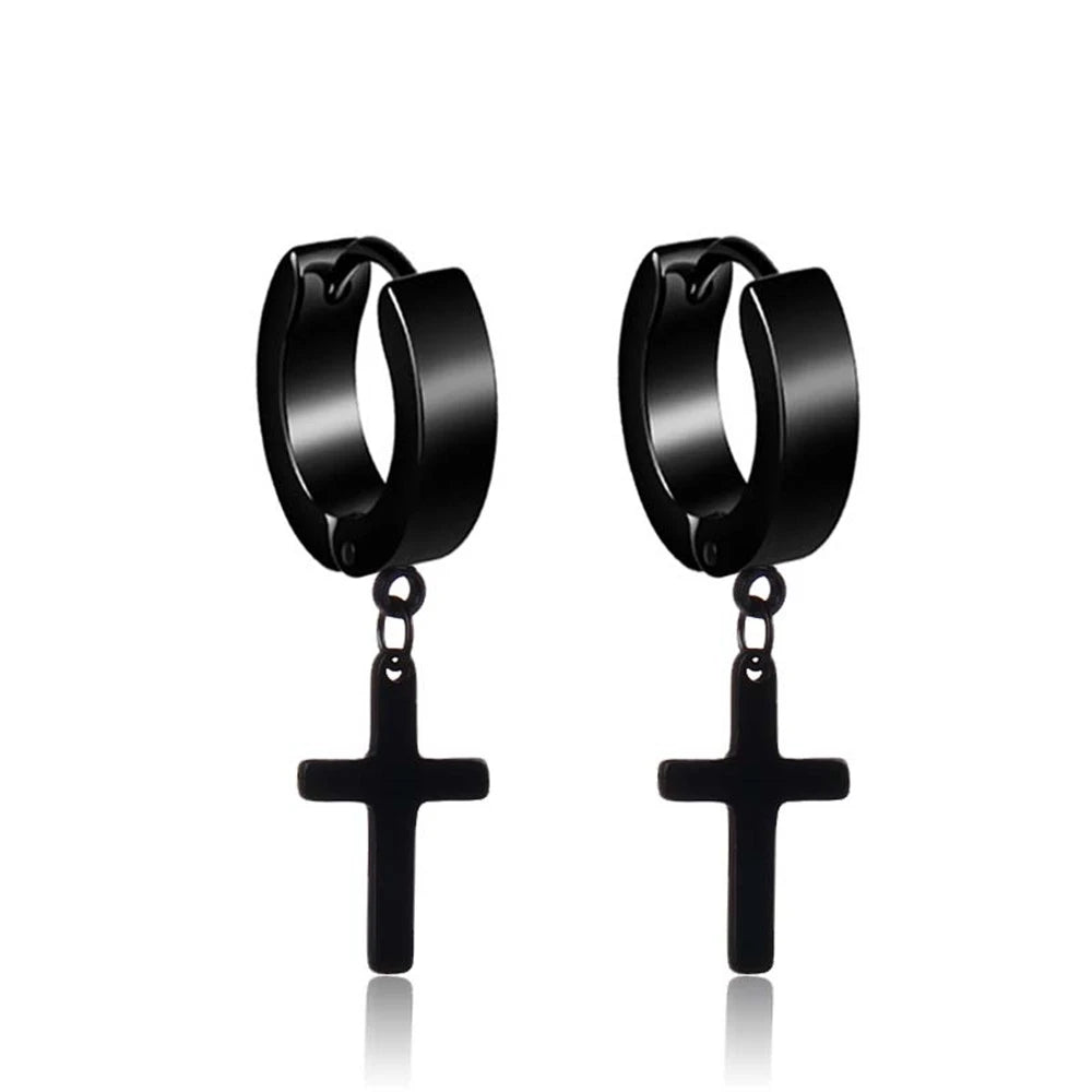 Black Punk Stainless Steel Hoop Earrings – Small Round Cross Pendants for Women's Earrings and Men's Earrings