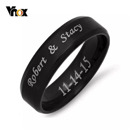 Custom Name & Date Stainless Steel Beveled Edge Brushed Center Ring - Personalized Black Wedding Band for Men's Rings and Women's Rings
