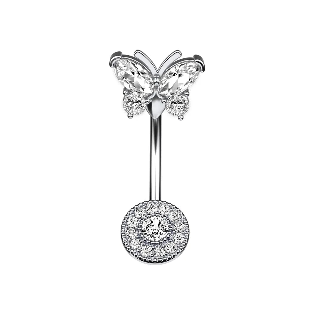 Crystal Heart Butterfly Belly Button Navel Ring - Stainless Steel