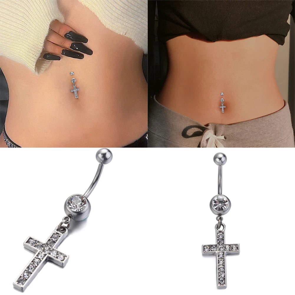 Cross Pendant Crystal Belly Button Navel Ring