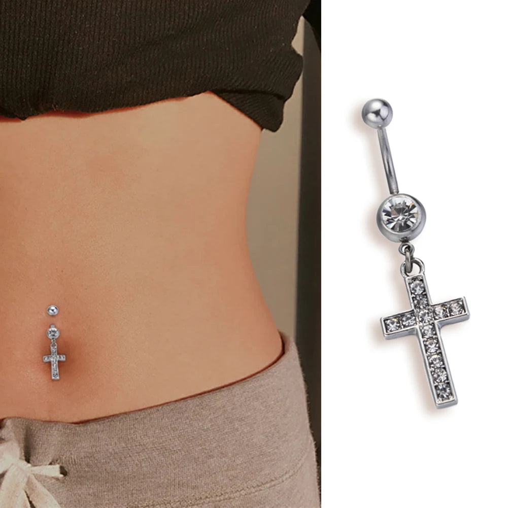 Cross Pendant Crystal Belly Button Navel Ring