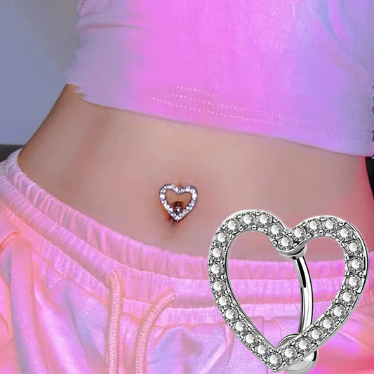 Crystal Heart Butterfly Belly Button Ring - Stainless Steel Cute Pink Navel Barbell Piercing for Women (1PCS)